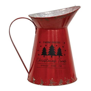 Farm Fresh Christmas Trees Distressed Red Metal Pitcher - The Fox Decor